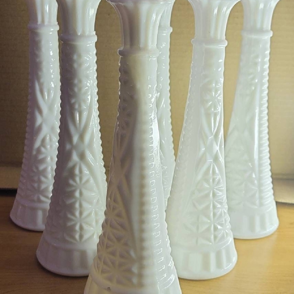 Elegant White Glass Vases ~ Milk Glass Vases, set of 6, Wedding vases,